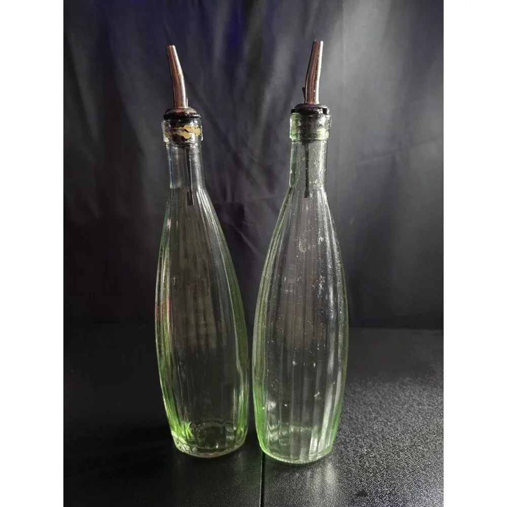 Vintage Green Ribbed Glass Olive Oil & Vinegar Cruet Bottle Set